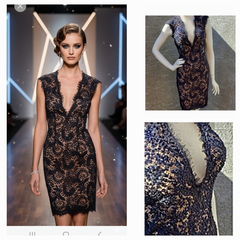 JOVANI Navy‎ Nude Lace Illusion Backless